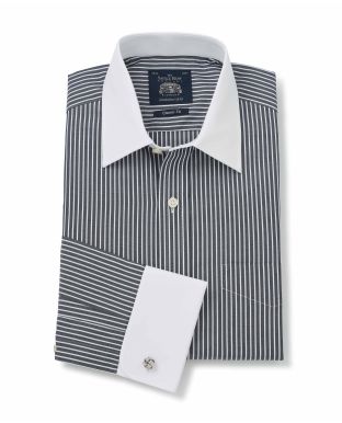 Black White Stripe Classic Fit Shirt With White Collar & Cuffs - Double Cuff - 1373NAW