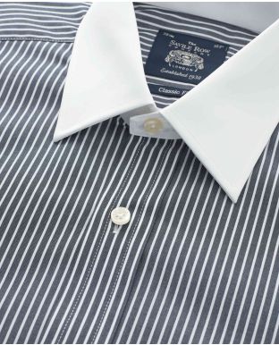 Black White Stripe Classic Fit Shirt With White Collar & Cuffs - Double Cuff - Collar Detail - 1373NAW
