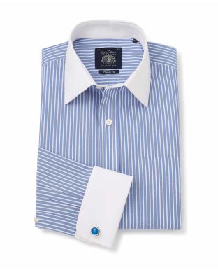 Blue White Stripe Classic Fit Non-Iron Shirt With White Collar & Cuffs - Double Cuff - 2027BLW
