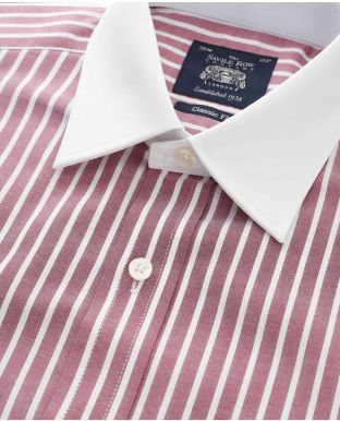 Dark Red White Stripe Classic Fit Shirt With White Collar & Cuffs - Double Cuff - Collar Detail - 1379REW