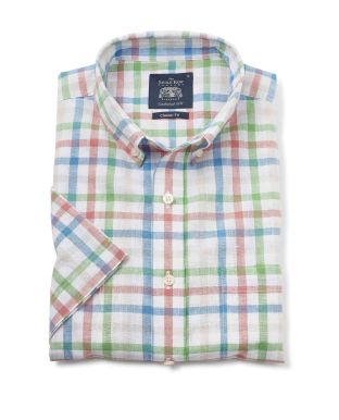 Multi Check Linen-Blend Short Sleeve Shirt - 1394BRGMSS