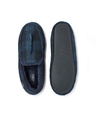 Navy Check Microsuede Moccasin Slippers  - Overhead And Sole Shot - MSP723NAV