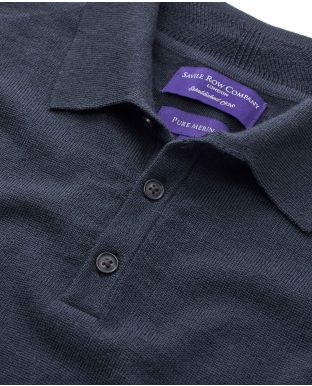 Navy Merino Wool Knitted Polo Shirt  - Collar Detail - MKW527NAV