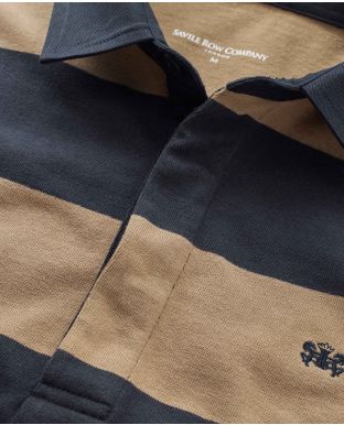 Navy Tan Stripe Heavy Jersey Rugby Shirt  - Collar Detail - MPL009NTN
