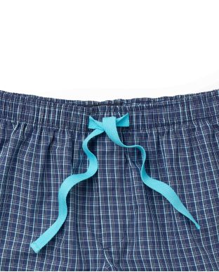 Navy Turquoise Check Cotton Lounge Shorts - Waist Detail - MLS1063NAT