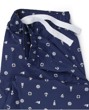 Navy White Nautical Print Cotton Lounge Pants - Waist Detail - MLP1065NAV