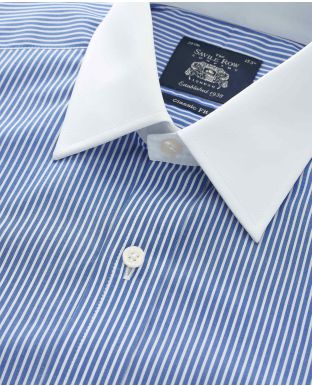 Royal Blue White Stripe Classic Fit Shirt With White Collar & Cuffs - Double Cuff - Collar Detail - 1378ROW