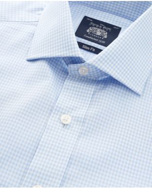 Sky Blue Gingham Check Slim Fit Shirt - Single Cuff - Collar Detail - 1361SKY