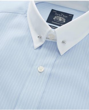Sky Blue White Stripe Classic Fit Pin Collar Shirt With White Collar & Cuffs - Double Cuff - Collar Detail - 1370BLW