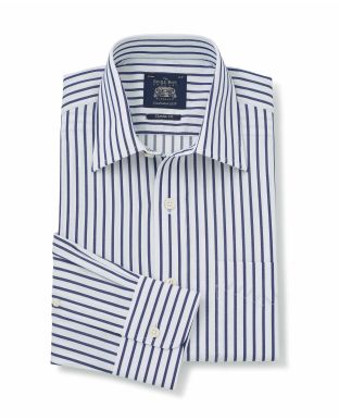 White Navy Stripe Classic Fit Shirt - Single Cuff