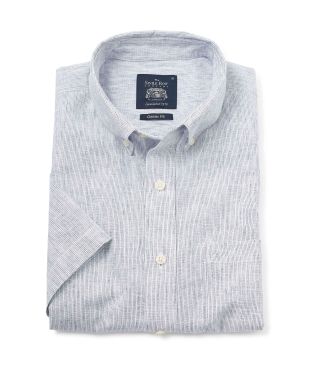 White Navy Stripe Linen-Blend Short Sleeve Shirt - 1393WHBMSS