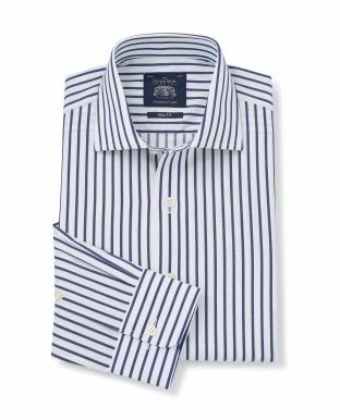 White Navy Stripe Slim Fit Shirt - Single Cuff