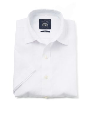White Short Sleeve Pure Linen Slim Fit Shirt in Shorter Length - 1397WHTMSS