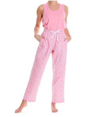 Women's White Pink Flower Print Organic Cotton Lounge Pants Model Shot - LLP1002PNK