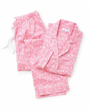Women's White Pink Flower Print Organic Cotton Pyjama Set -  LPJ1002PNK