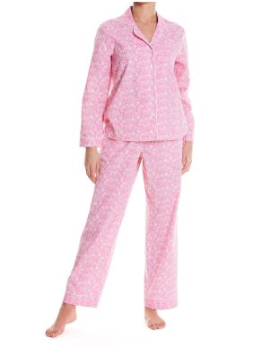 Women's White Pink Flower Print Organic Cotton Pyjama Set Model Shot - LPJ1002PNK