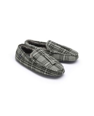 Grey Check Microsuede Moccasin Slippers