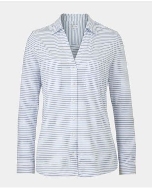 Women's White Blue Cotton Jersey Semi-Fitted Striped Shirt