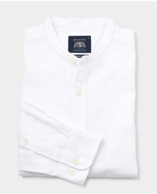 White Linen/Cotton Blend Grandad Collar Shirt - Model Shot - 1390WHT