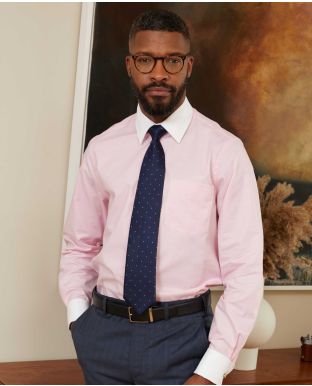 Pink Prince of Wales Check Classic Fit Contrast Collar Shirt With White Collar & Cuffs