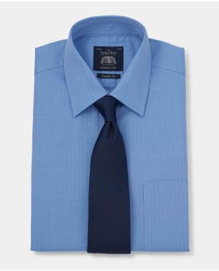 Mid Blue Herringbone Classic Fit Shirt - Double Cuff