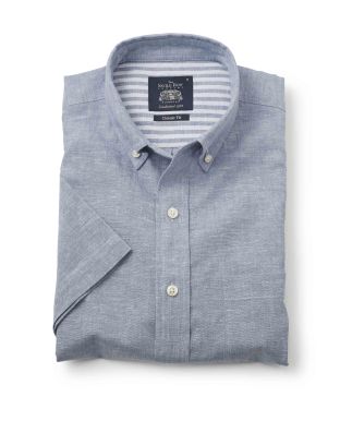 Mid Blue Linen-Blend Short Sleeve Shirt