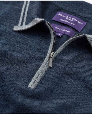 Blue Merino Wool Zip-Neck Knitted Polo Shirt