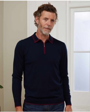 Navy Merino Wool Zip-Neck Knitted Polo Shirt