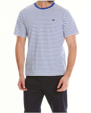 White Blue Striped Cotton Jersey Crew Neck T-Shirt