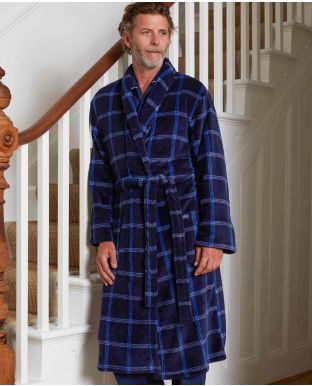 Navy Blue Large Check Fleece Dressing Gown