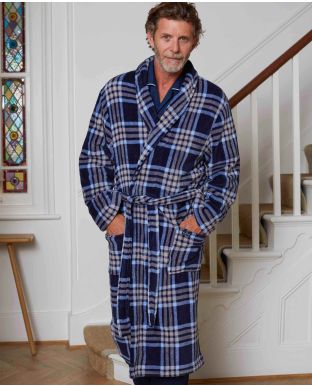 Navy Blue Stone Large Check Fleece Dressing Gown