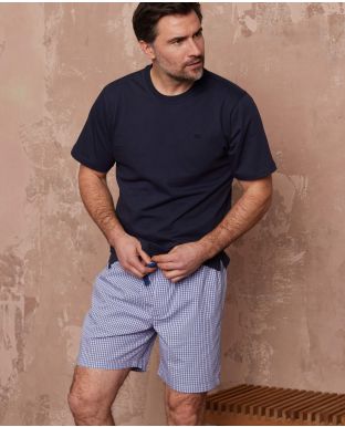 Navy Check Peached Cotton Lounge Shorts
