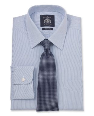 Navy White Hairline Stripe Classic Fit Shirt - Single Cuff