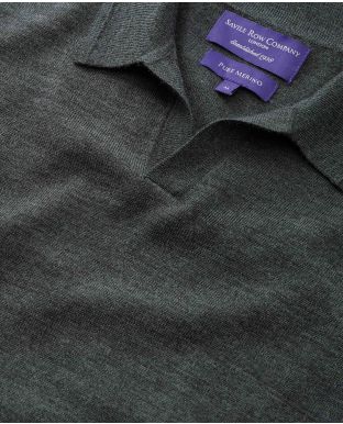 Charcoal Merino Wool Open Collar Knitted Polo Shirt