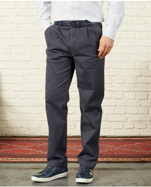 Smoked Navy Stretch Cotton Classic Fit Pleat Front Chinos