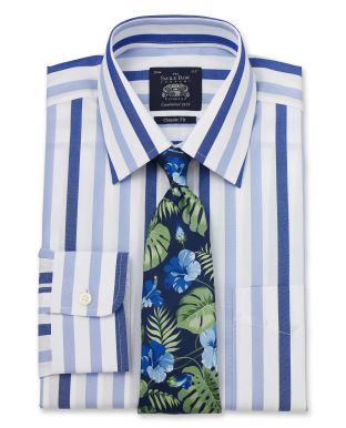 White Blue Navy Wide Stripe Classic Fit Shirt - Single Cuff