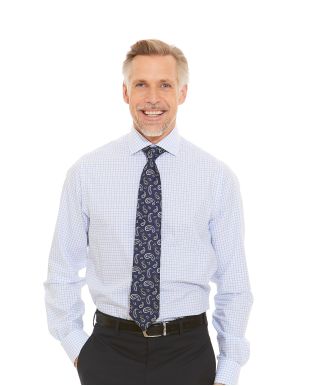 White Blue Poplin Check Slim Fit Non-Iron Shirt - Single Cuff Model Shot With Tie