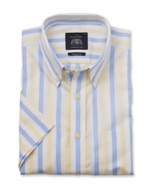 White Blue Yellow Stripe Herringbone Classic Fit Short Sleeve Shirt - 1304WYBMSS - Large Image