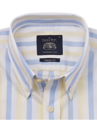 White Blue Yellow Stripe Herringbone Classic Fit Short Sleeve Shirt Collar Detail