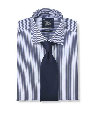 White Navy Bengal Stripe Slim Fit Shirt - Double Cuff