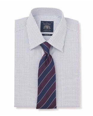 White Navy Check Slim Fit Windsor Collar Shirt - Single Cuff