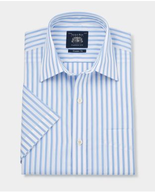 Sky Blue Classic Fit Short Sleeve Striped Shirt