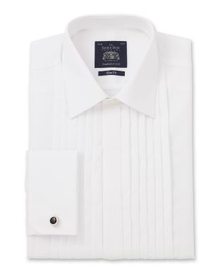 White Poplin Pleated Slim Fit Double Cuff Evening Shirt Folded Shot