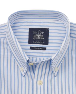 White Sky Blue Stripe Classic Fit Short Sleeve Button-Down Casual Shirt Collar Detail