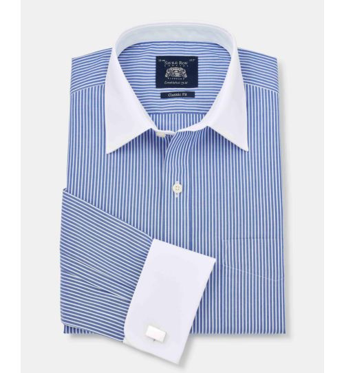 Men’s blue and white stripe shirt with white collar & cuffs | Savile Row Co