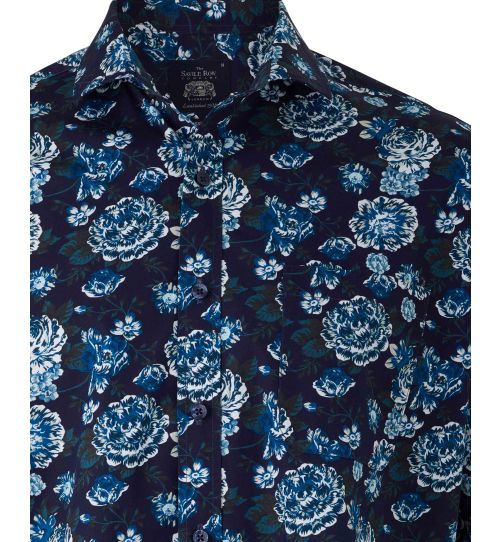 Men's Navy Cotton Floral Casual Shirt | Savile Row Co