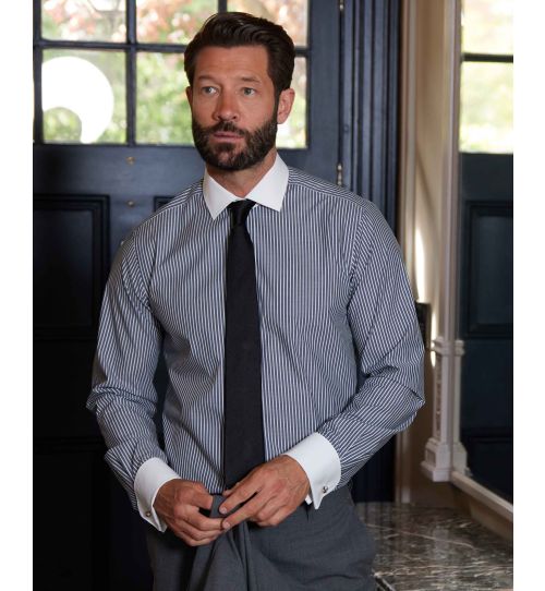 Men's Slim Contrast Collar Shirt in Navy Stripe | Savile Row Co