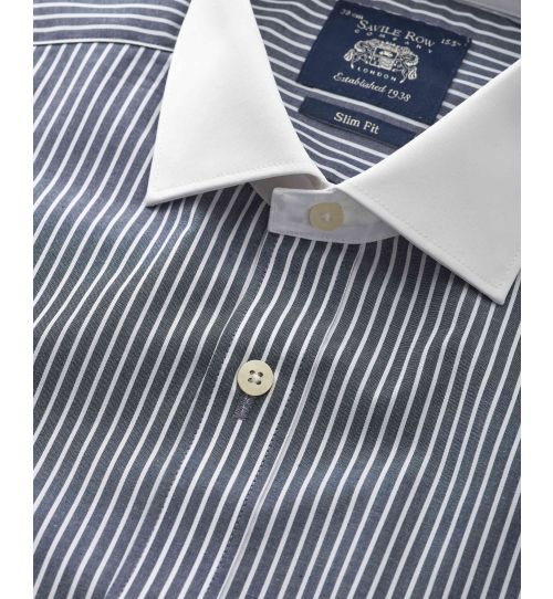 Men's Slim Contrast Collar Shirt in Navy Stripe | Savile Row Co