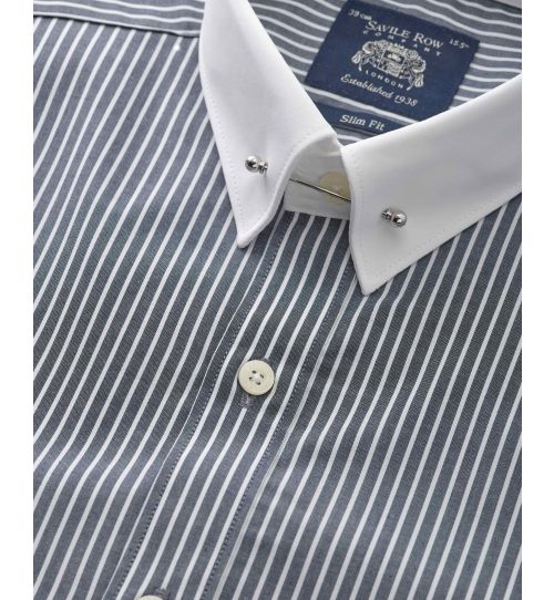 Men's Navy Stripe Contrast Pin Collar Slim Fit Formal Shirt With Double ...