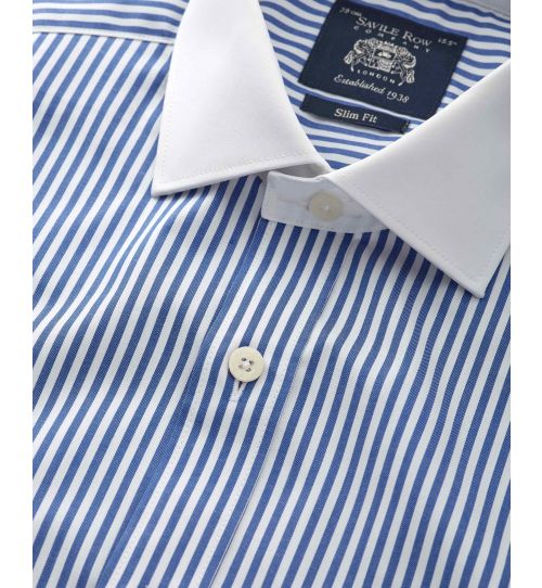 Men's Blue Stripe Contrast Collar Slim Fit Formal Shirt With Double ...